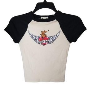 PacSun Full Tilt "Angel Baby" Raglan Cropped T-Shirt Size Small Ribbed